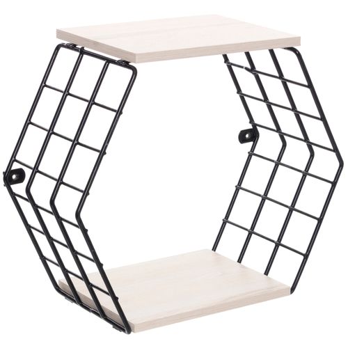 Nicho decorativo hexagonal com prateleiras - Linha Wire - Aramado com madeira