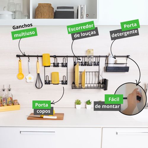 Kit Cozinha Suspensa Escorredor Louça de Parede Kit 6