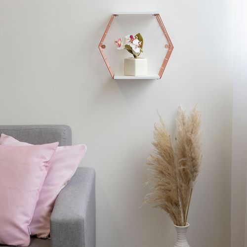 Nicho decorativo hexagonal com prateleiras - Linha Wire - Aramado com madeira