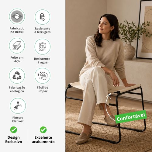 Banco Curvy Aramado Preto com Assento em Couro Decorativo Moderno para Sala, Quarto e Hall
